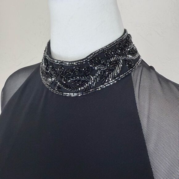 Vintage Black Tie Oleg Cassini Dress w/ Sheer Long Sleeves Beaded Detail Maxi - Picture 11 of 16